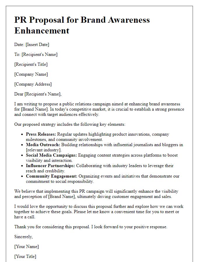 Letter template of PR proposal for brand awareness enhancement.