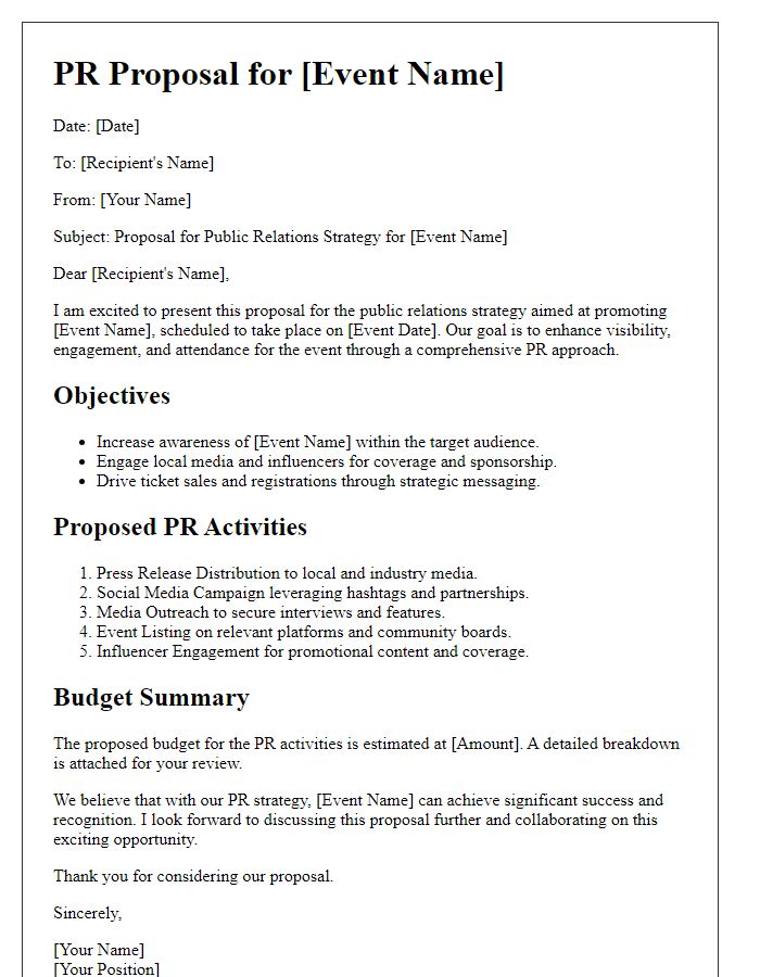 Letter template of PR proposal for corporate event promotion.