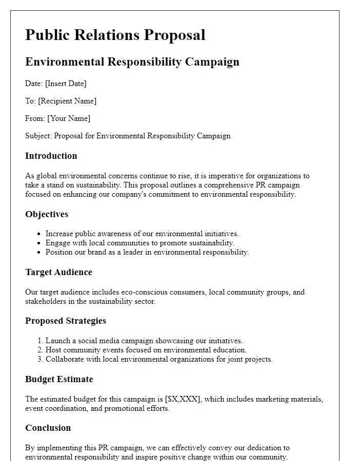 Letter template of PR proposal for environmental responsibility campaign.