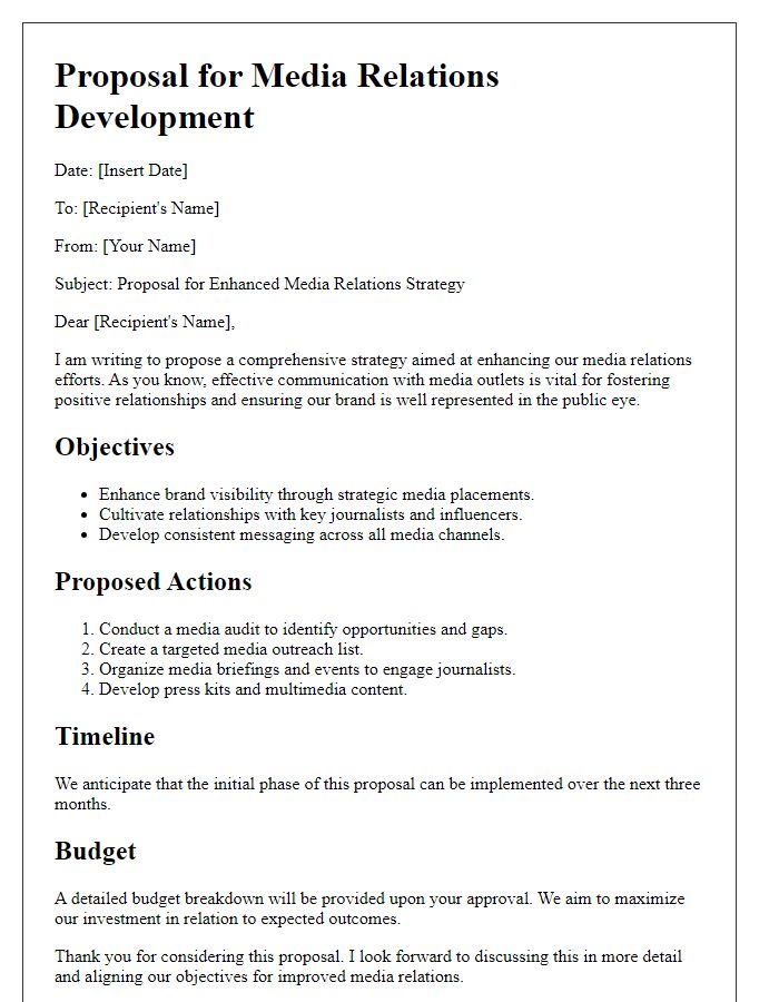 Letter template of PR proposal for media relations development.