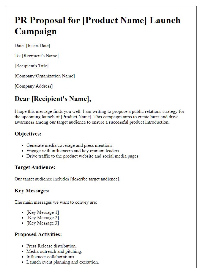 Letter template of PR proposal for product launch campaign.