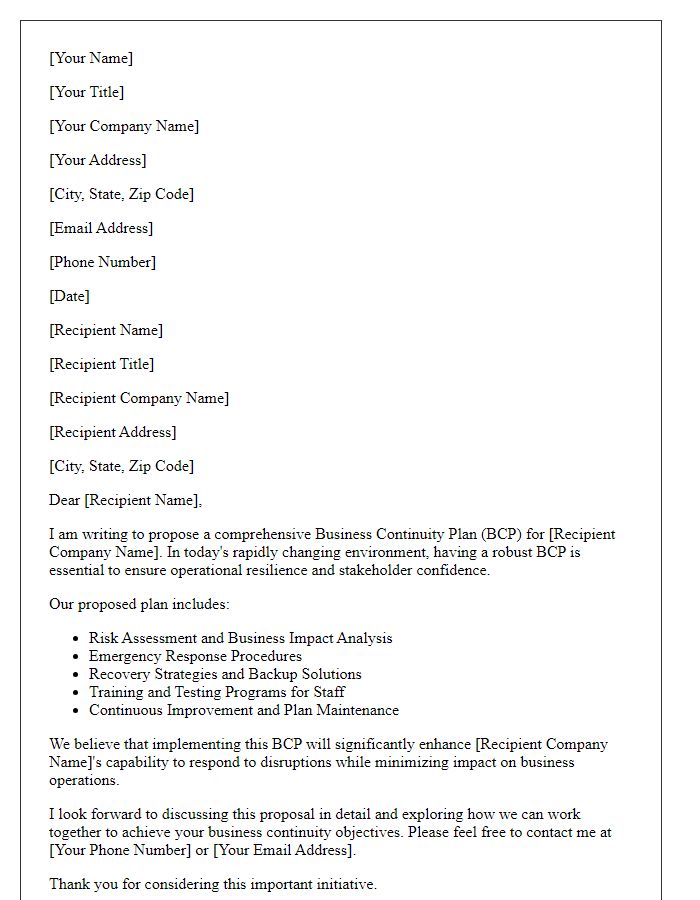 Letter template of business continuity plan proposal