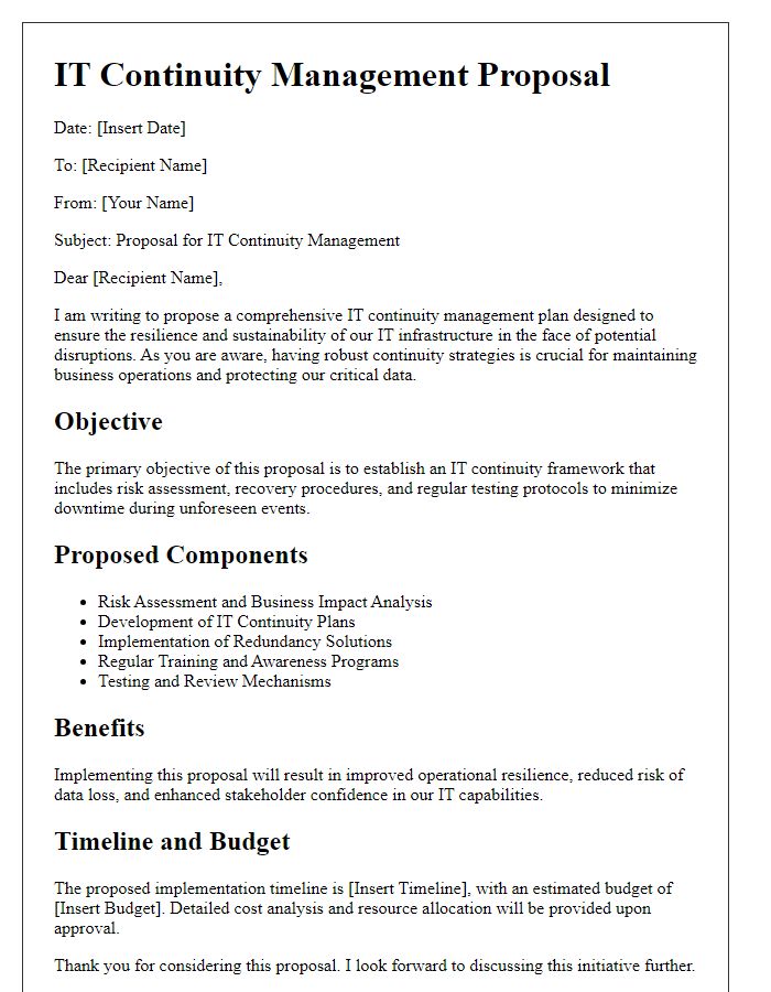 Letter template of IT continuity management proposal