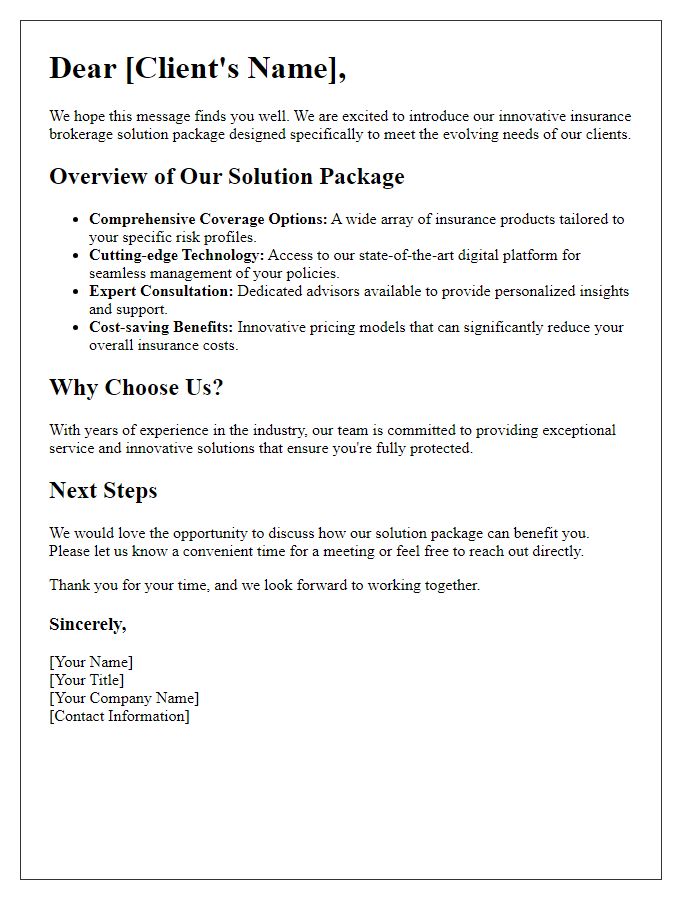 Letter template of innovative insurance brokerage solution package.