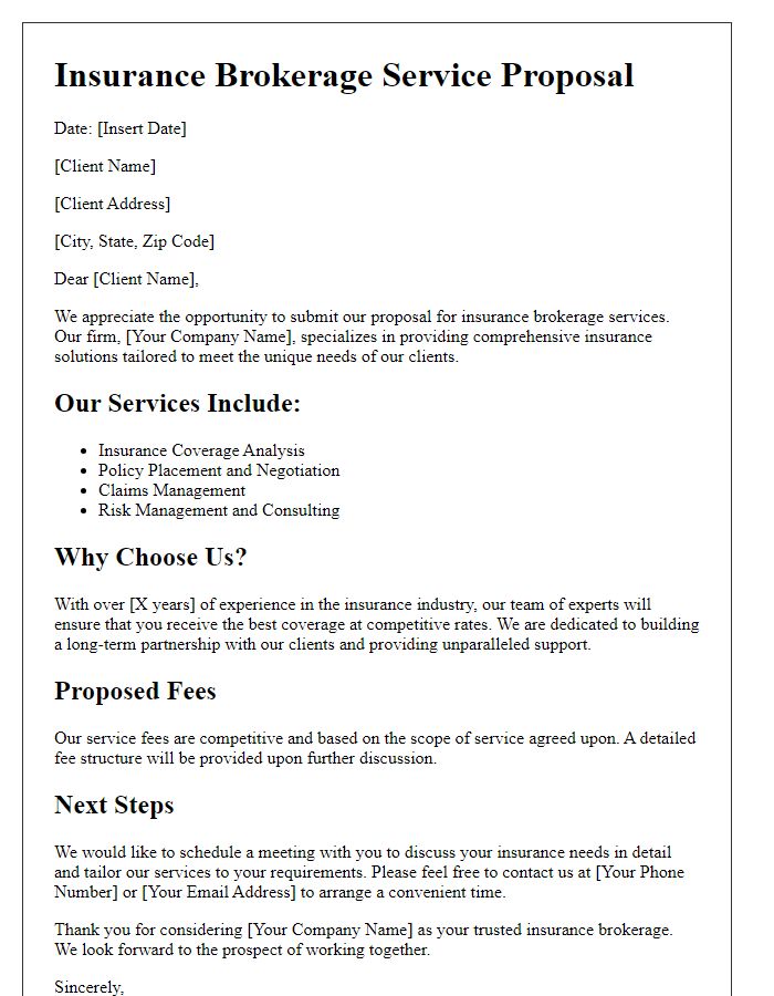 Letter template of insurance brokerage service proposal.