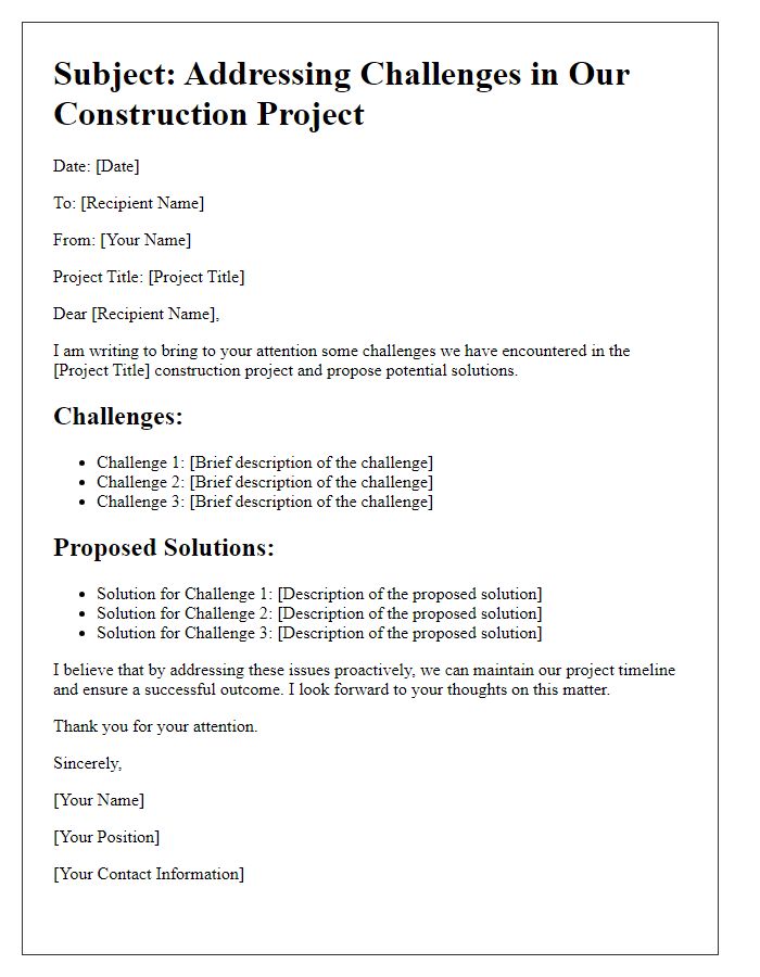 Letter template of construction project challenges and solutions