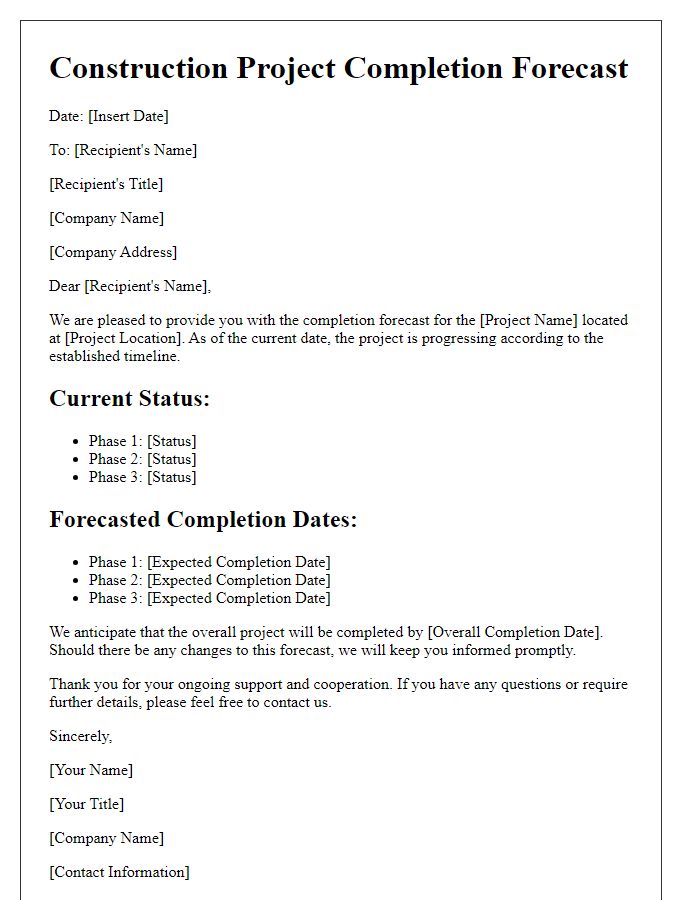 Letter template of construction project completion forecast