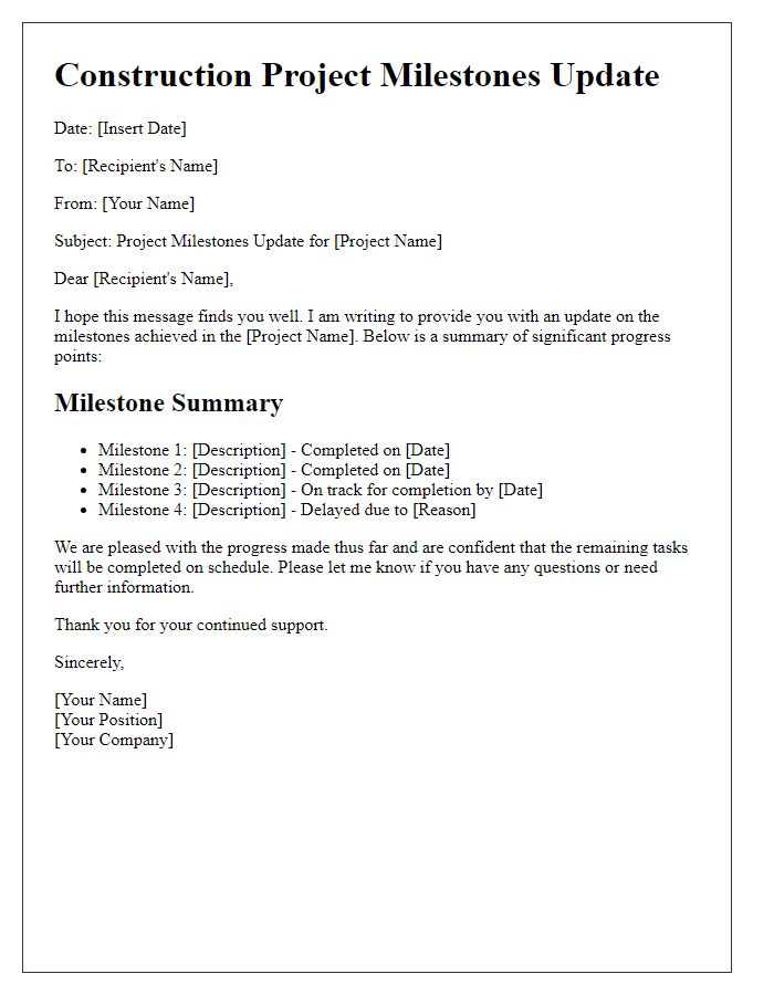 Letter template of construction project milestones