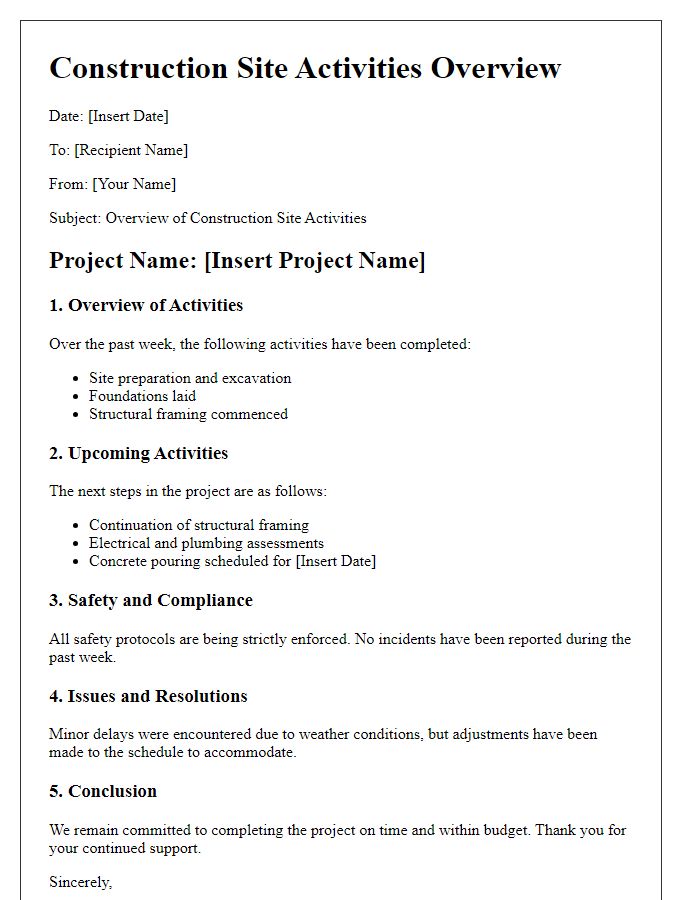 Letter template of construction site activities overview