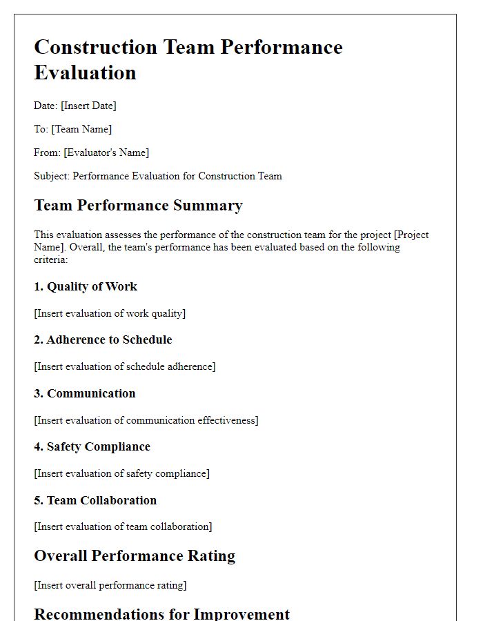 Letter template of construction team performance evaluation