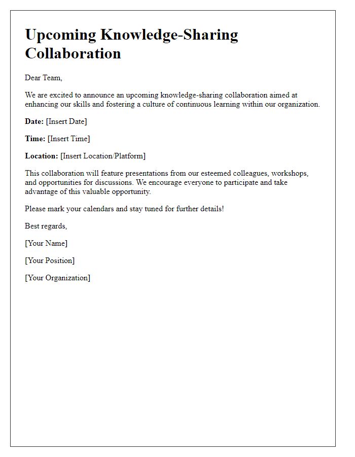 Letter template of announcement for upcoming knowledge-sharing collaboration