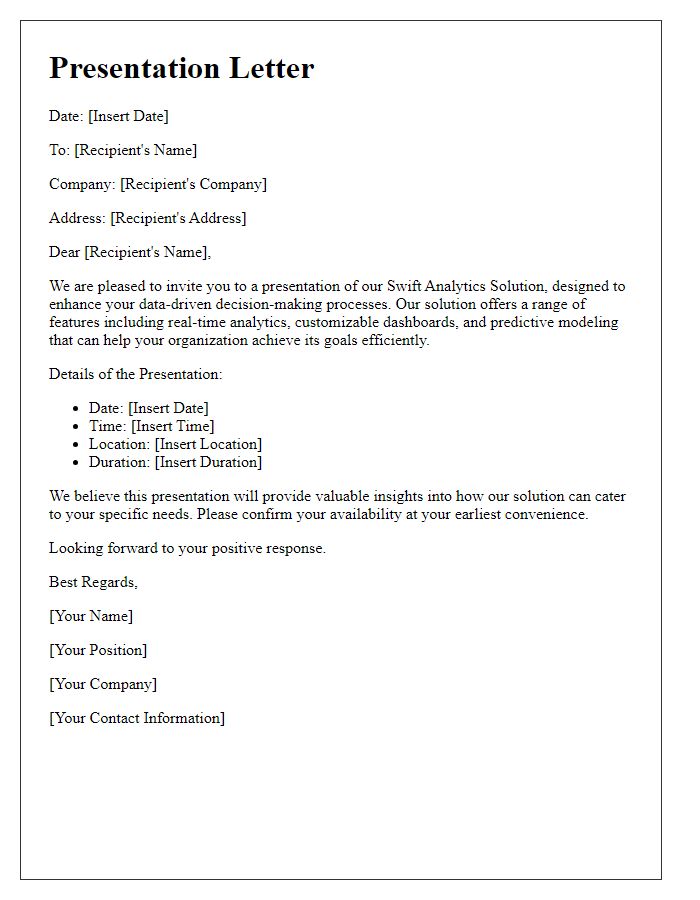 Letter template of swift analytics solution presentation