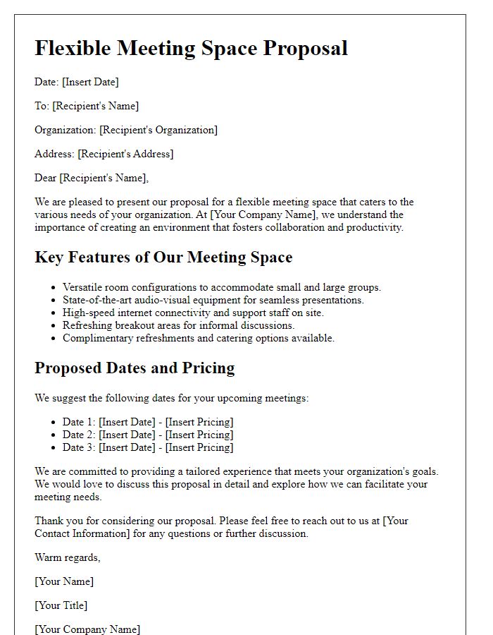 Letter template of flexible meeting space proposal for organizations