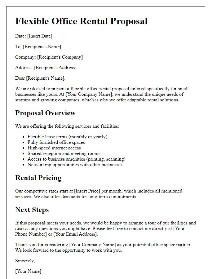 Letter template of flexible office rental proposal for small businesses