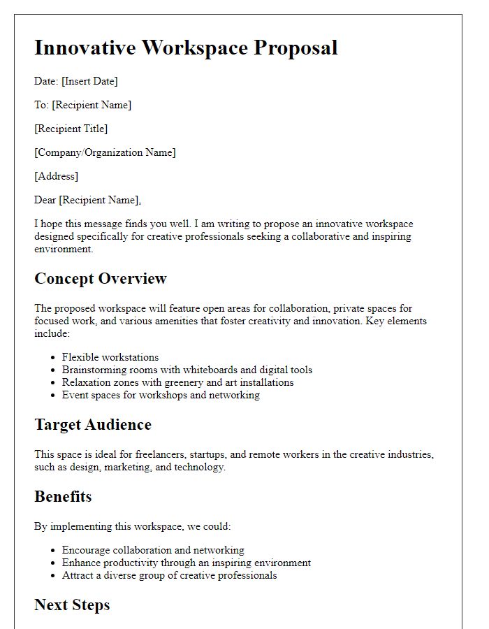 Letter template of innovative workspace proposal for creative professionals