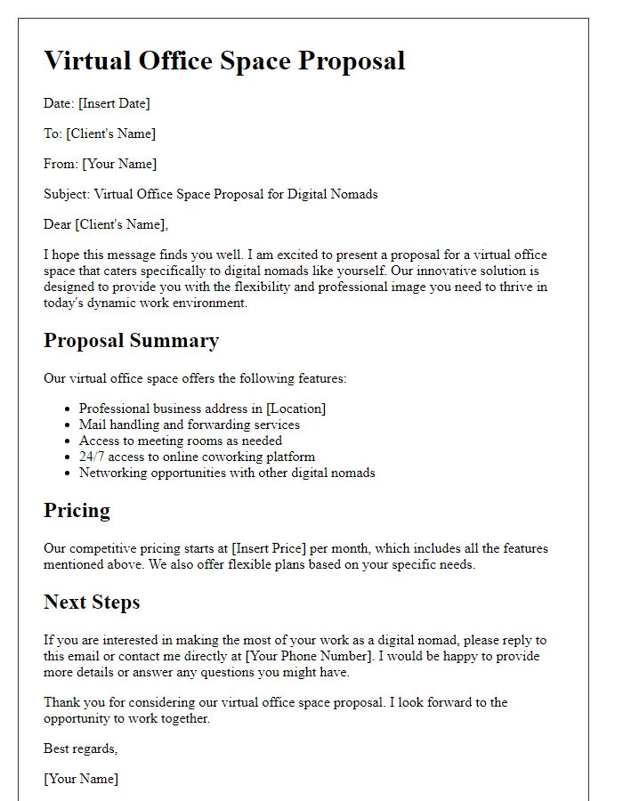 Letter template of virtual office space proposal for digital nomads