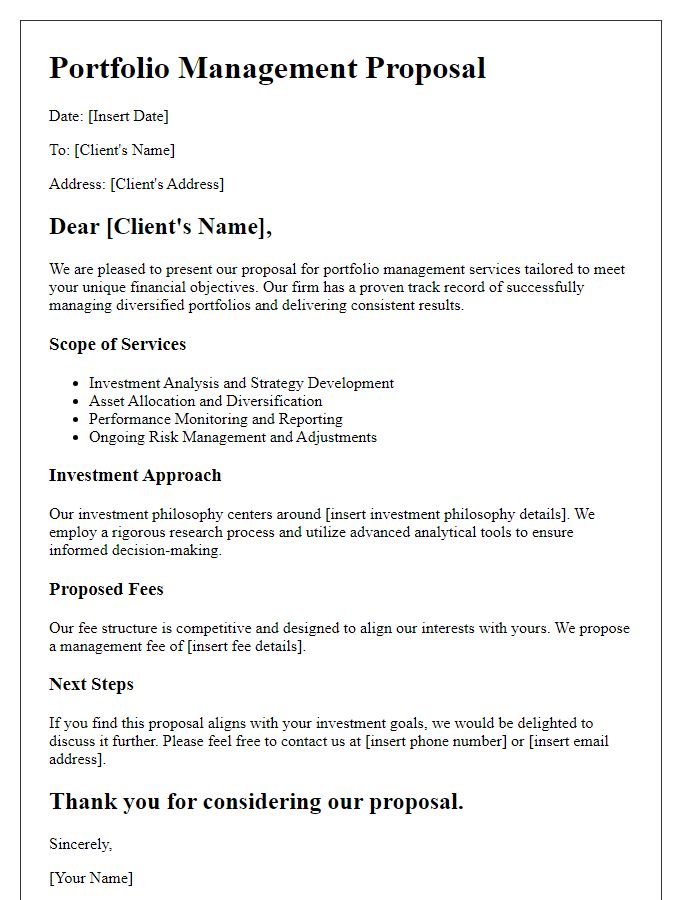 Letter template of portfolio management proposal