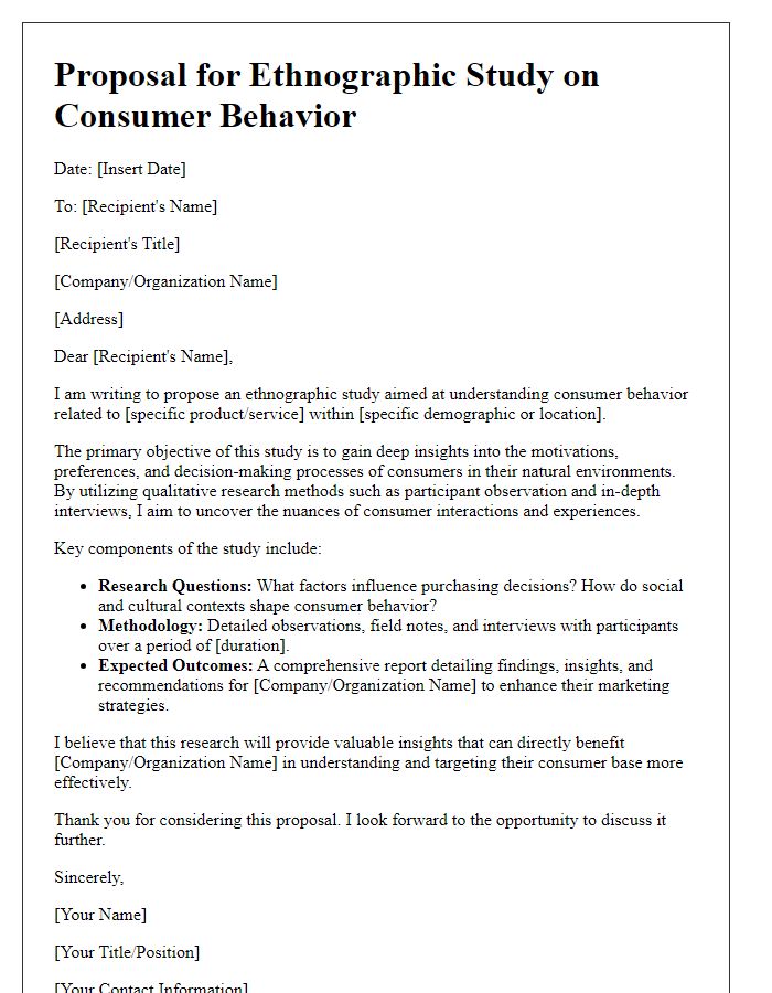 Letter template of ethnographic study proposal for consumer behavior.