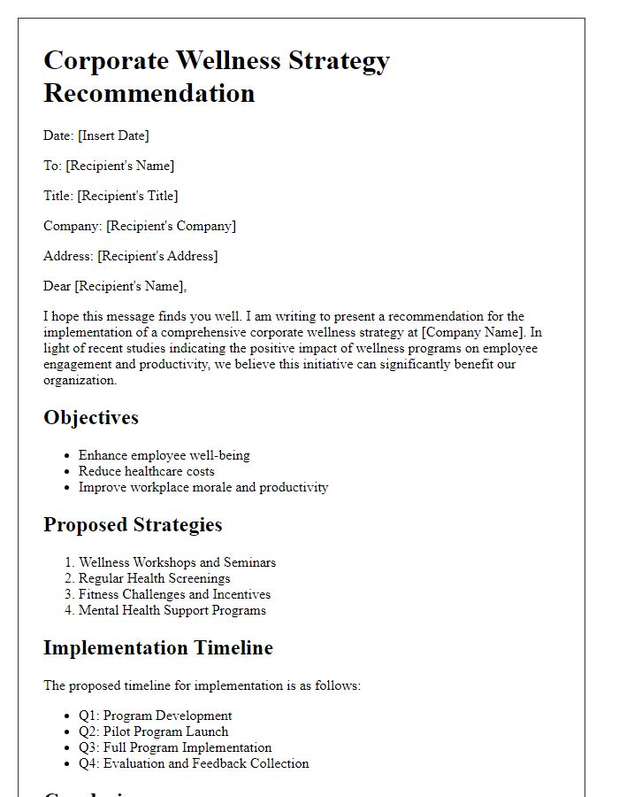 Letter template of corporate wellness strategy recommendation