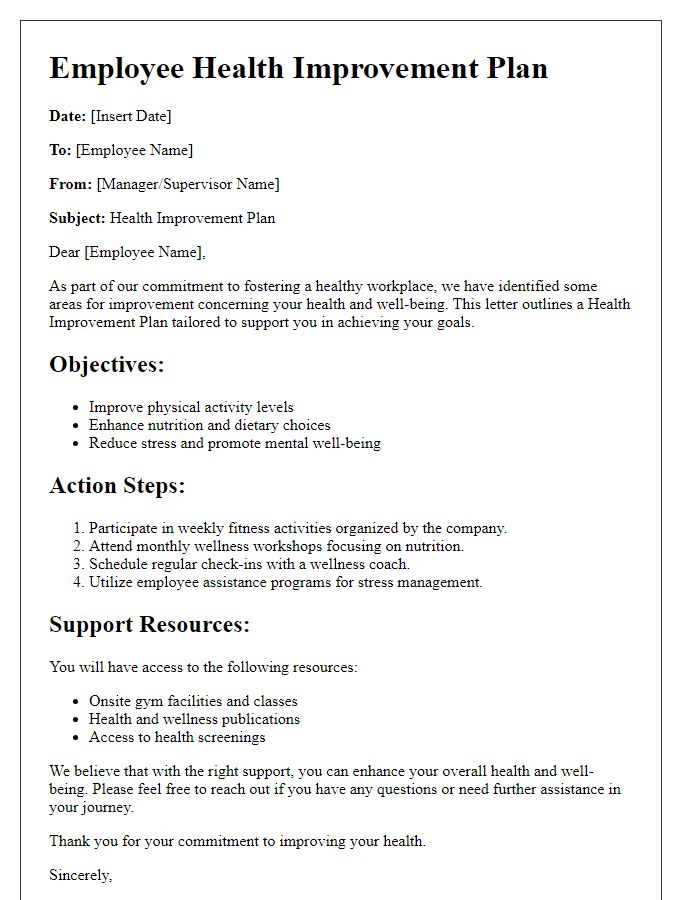 Letter template of employee health improvement plan