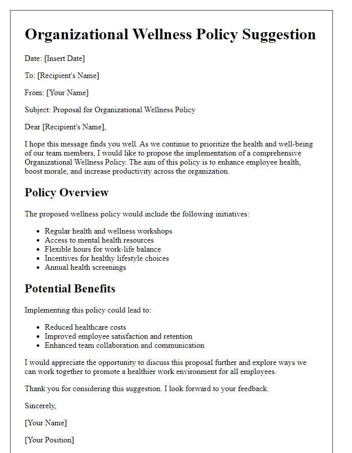 Letter template of organizational wellness policy suggestion