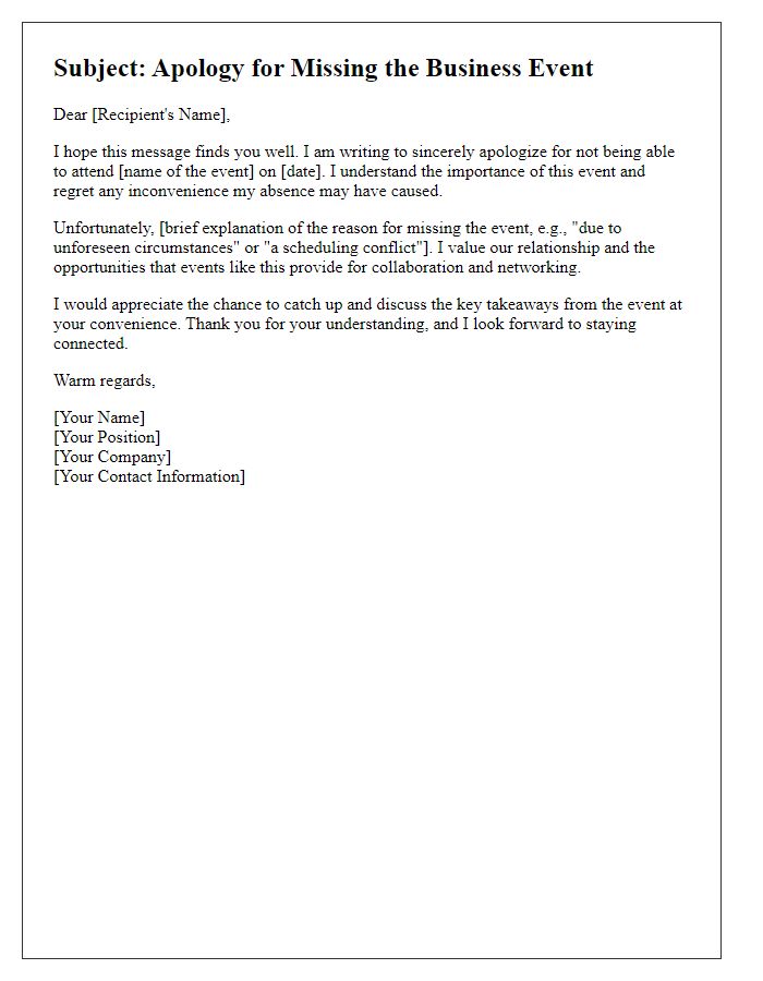 Letter template of apology for missing a business event