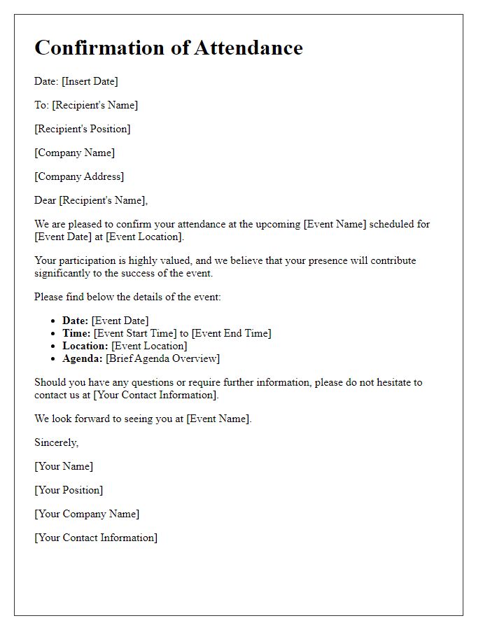 Letter template of confirmation for business event attendance