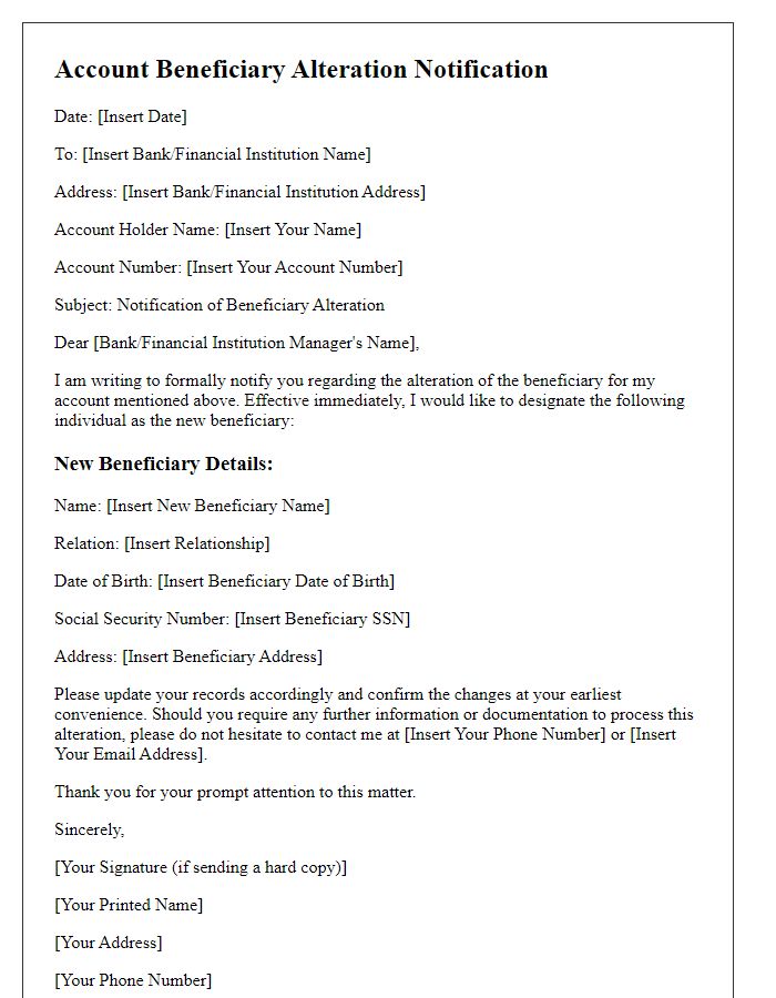 Letter template of account beneficiary alteration notification