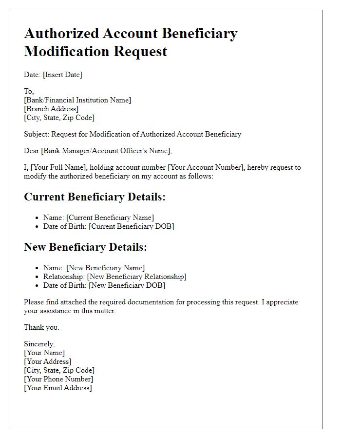 Letter template of authorized account beneficiary modification request