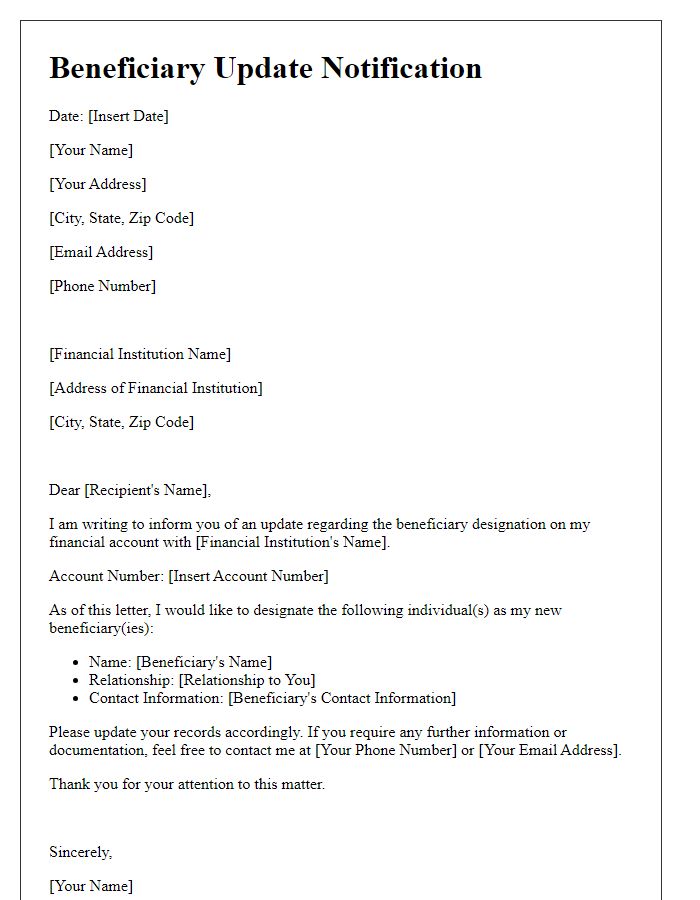 Letter template of beneficiary update for financial account