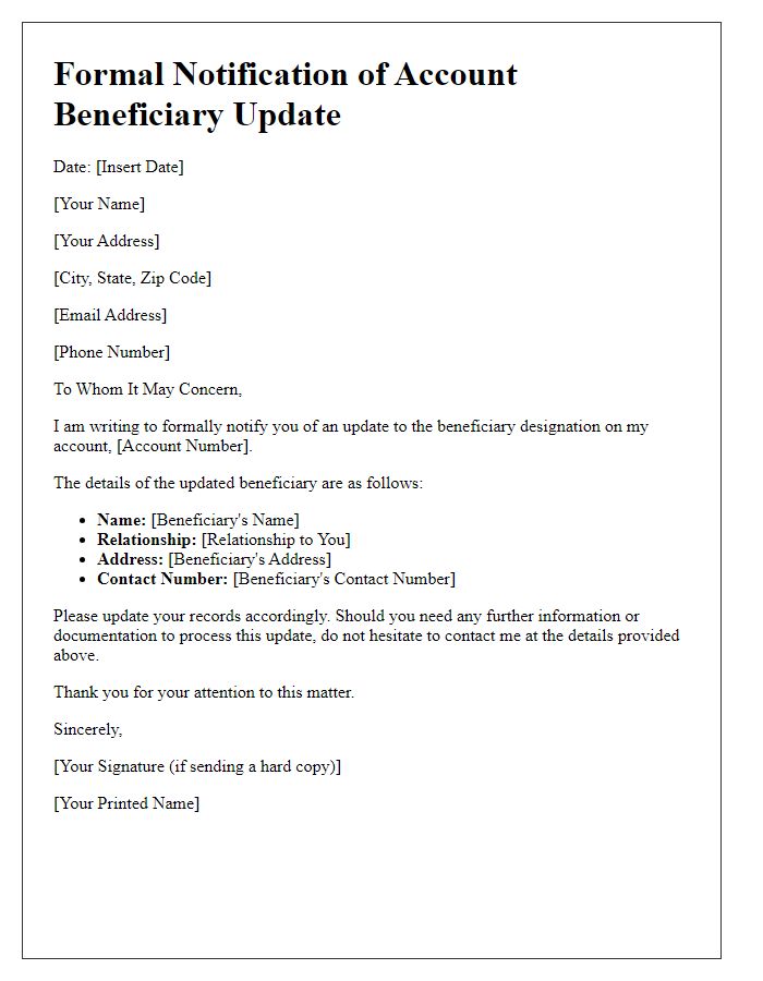 Letter template of formal notification for account beneficiary update