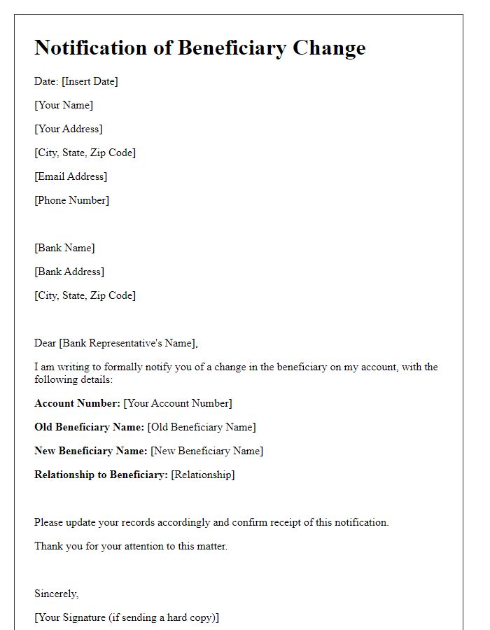 Letter template of notification for beneficiary change on account