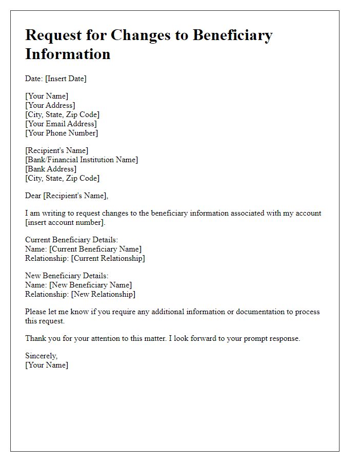 Letter template of request for changes to account beneficiary information