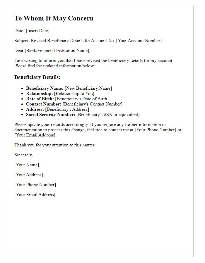 Letter template of revised beneficiary details for my account