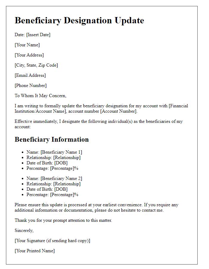 Letter template of updated beneficiary designation for account