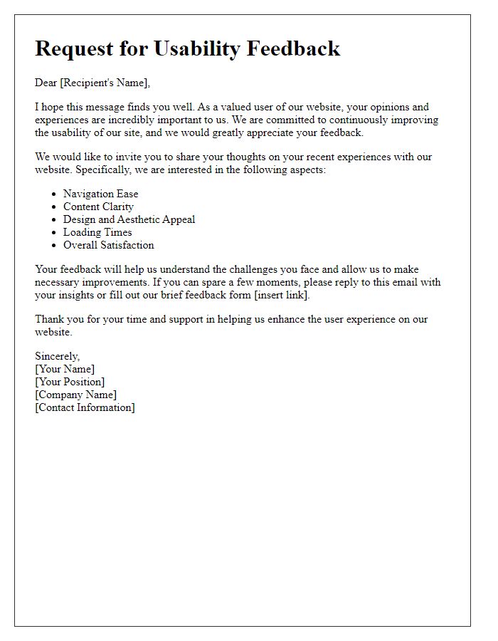 Letter template of appeal for website usability feedback.