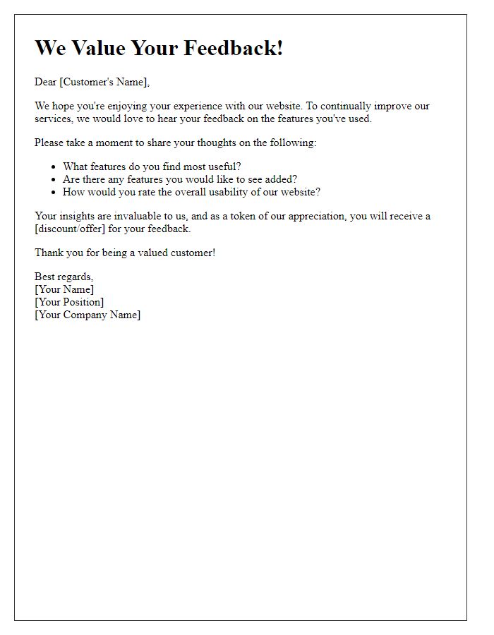 Letter template of customer feedback request regarding website features.