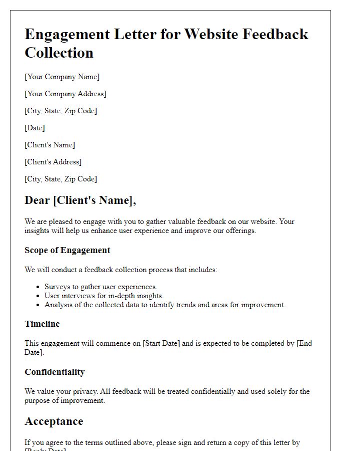 Letter template of engagement letter for website feedback collection.