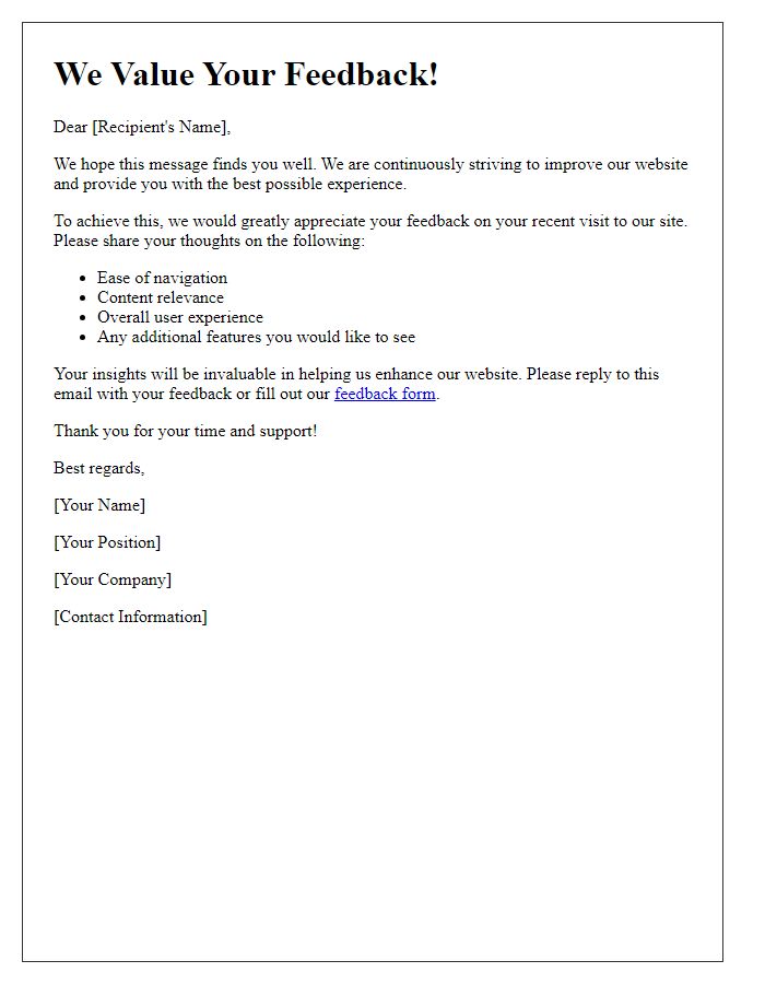 Letter template of feedback solicitation for website improvements.