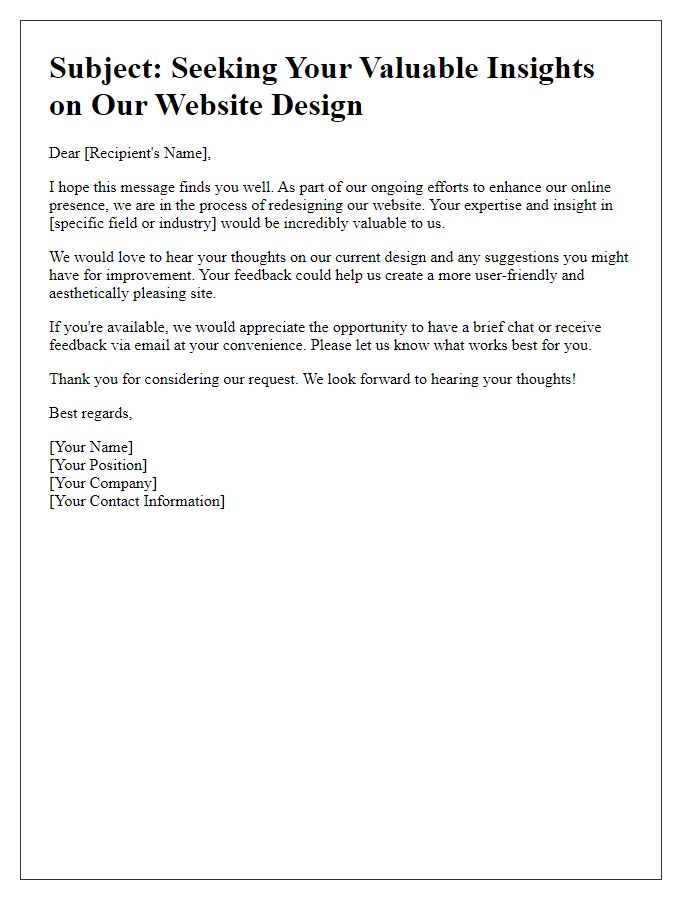 Letter template of outreach for opinions on website design.