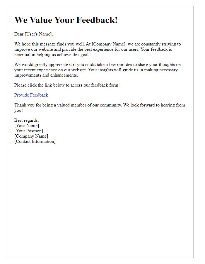 Letter template of request for user feedback on our website.