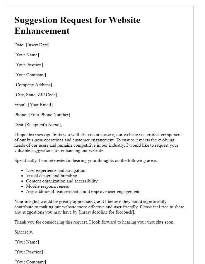 Letter template of suggestion request for enhancing our website.