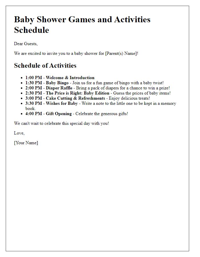 Letter template of baby shower games and activities schedule.