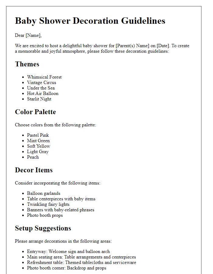 Letter template of baby shower themed decoration guidelines.