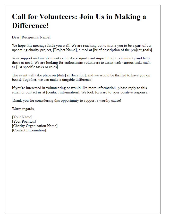 Letter template of an appeal for volunteers for a charity project.