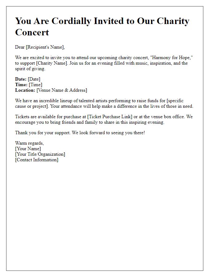 Letter template of an invitation to a charity concert.