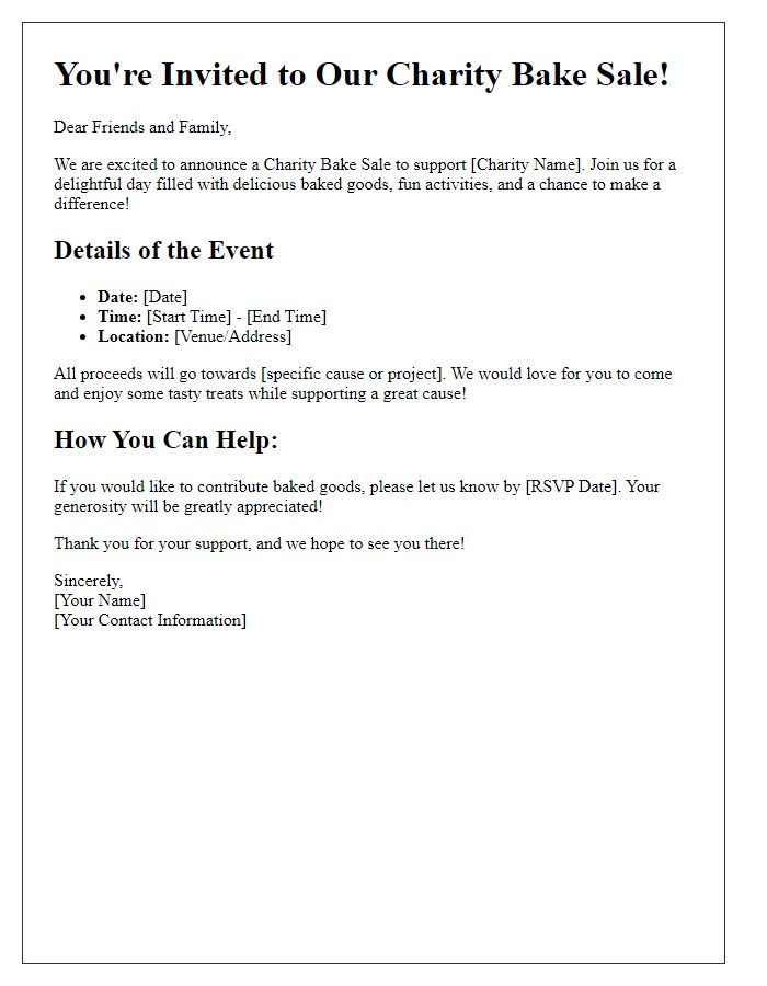 Letter template of a notice for a charity bake sale.