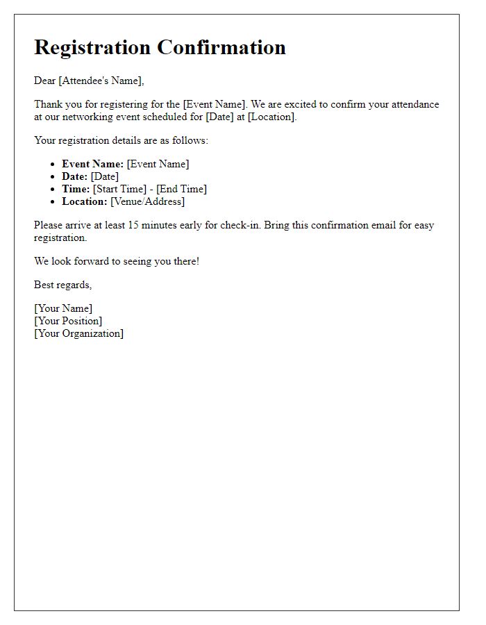 Letter template of attendee registration confirmation for a networking event