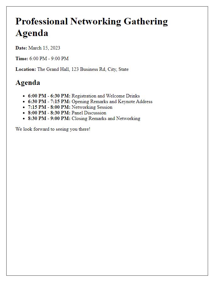 Letter template of event agenda for a professional networking gathering