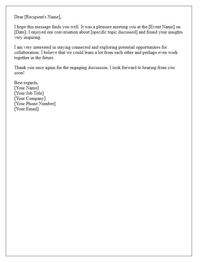 Letter template of follow-up after a professional networking event